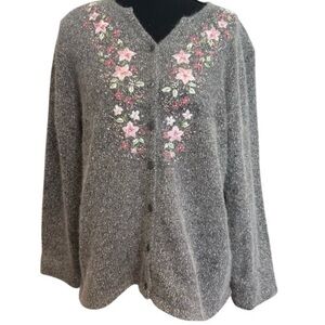 Gray Floral Embroidered V-Neck Sweater Cardigan